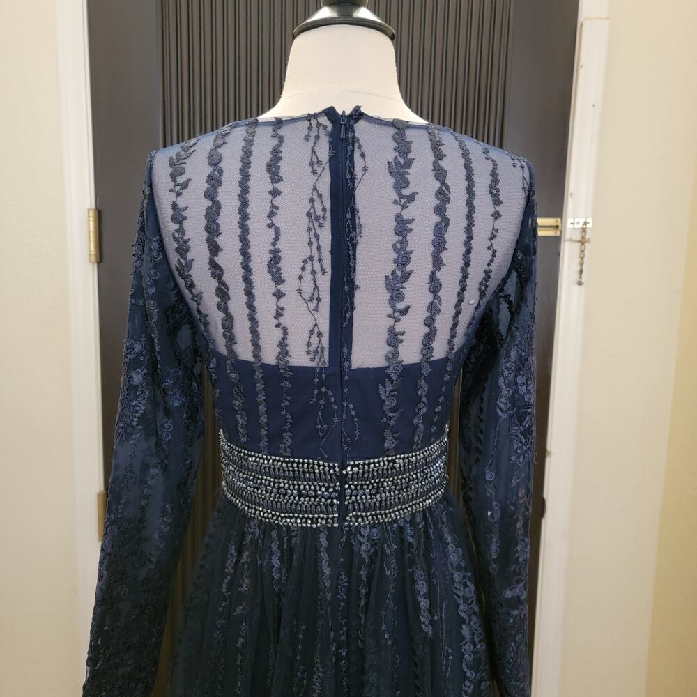 Mac Duggal 66591 Navy Blue 2 Long Sleeve Formal Embroidered Maxi Gown Dress - Picture 12 of 15